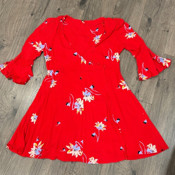 Free People Time On My Side Red Floral Print Wrap Dress - Size Small dresses - Picture 2 of 9